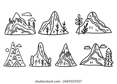 Un conjunto de seis montañas con árboles y flores en primer plano. Las montañas son de diferentes tamaños y Formas, y las flores y los árboles están esparcidos por todo el lugar