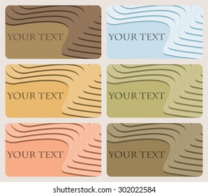 Set of six multicolored business cards with rounded corners decorated with elegant pattern of volume stairs-shaped elements. Flowing graceful lines. Vector illustration