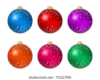 Set of six multicolored Christmas balls with decoration isolated on white. Vector illustration