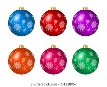 Set of six multicolored Christmas balls with decoration isolated on white. Vector illustration