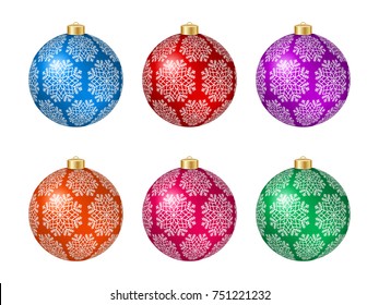 Set of six multicolored Christmas balls with decoration isolated on white. Vector illustration