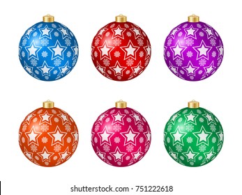 Set of six multicolored Christmas balls with decoration isolated on white. Vector illustration