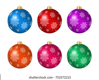 Set of six multicolored Christmas balls with snowflake decoration isolated on white. Vector illustration