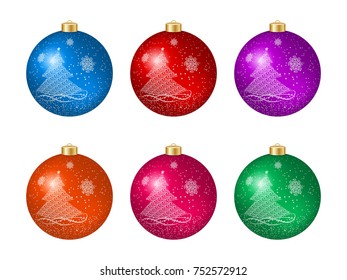 Set of six multicolored Christmas balls with Christmas tree decoration isolated on white. Vector illustration