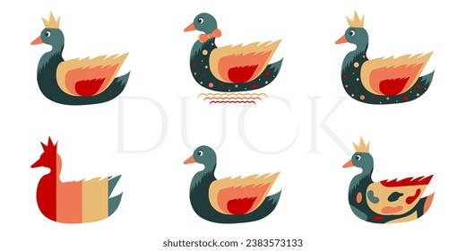 Conjunto de seis patos multicolores sobre fondo blanco con pato de texto. Colección atractiva para los niños. Ilustración del vector	