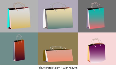 A set of six multi-colored gradient realistic bulk paper bags for purchases of different shapes and sizes with rope handles on multi-colored backgrounds and copy space. Vector illustration