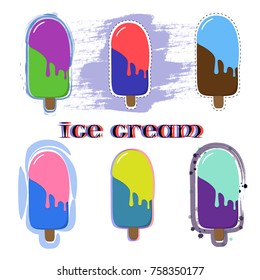 a set of six multicolored popsicles, ice cream on sticks