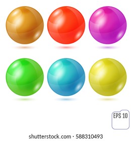 Set of six multicolored realistic colored spheres isolated on white background. Six design elements for your business