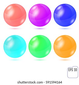 Set of six multicolored realistic colored spheres isolated on white background. Six design elements for your business