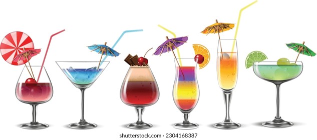 A set of six multi-colored refreshing cocktails in transparent glasses of different shapes on a white background. Highly detailed illustration.