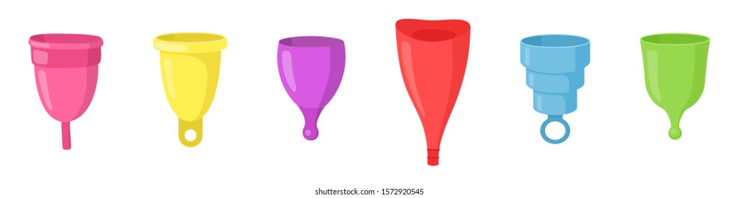 Set of six multi-colored silicone Menstrual Cups of different shapes, Zero Waste concept stock vector illustration isolated on transparent background. Plastic-free concept. Sustainable lifestyle.