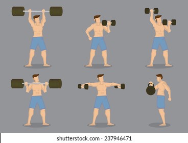 Set of six muscular man doing weight lifting with training equipment isolated on grey background