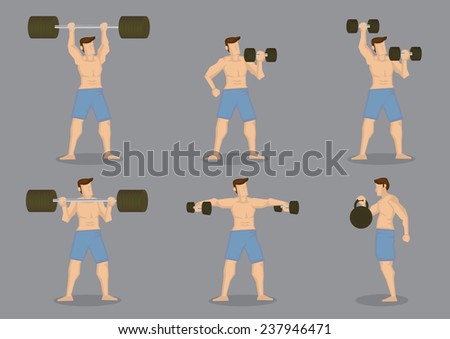 Set of six muscular man doing weight lifting with training equipment isolated on grey background