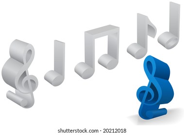 A set of six musical note and staff symbols in 3D on white.