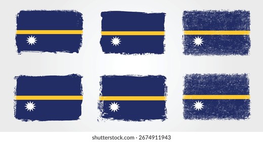 Conjunto de seis banderas nacionales de Nauru con texturas grunge ásperas y efectos de trazo de pincel sobre un fondo claro
