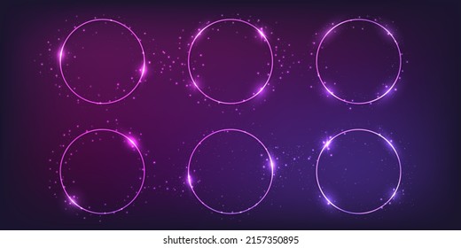 Set of six neon circle frames with shining effects and sparkles on dark background. Empty glowing techno backdrop. Vector illustration