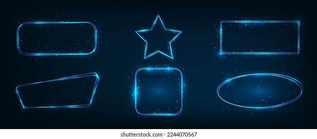 Set of six neon double frames in different geometric forms with shining effects and sparkles on dark background. Empty glowing techno backdrop. Vector illustration