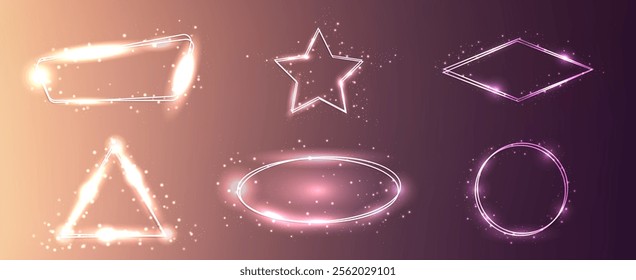 Set of six neon double frames in different geometric forms with shining effects and sparkles on brown background. Empty glowing techno backdrop. Vector illustration