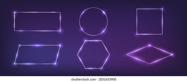 Set of six neon frames in different geometric forms with shining effects on dark background. Empty glowing techno backdrop. Vector illustration.