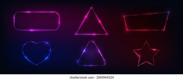 Set of six neon frames in different geometric forms with shining effects on dark background. Empty glowing techno backdrop. Vector illustration.