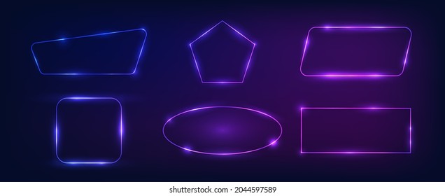 Set of six neon frames in different geometric forms with shining effects on dark background. Empty glowing techno backdrop. Vector illustration.