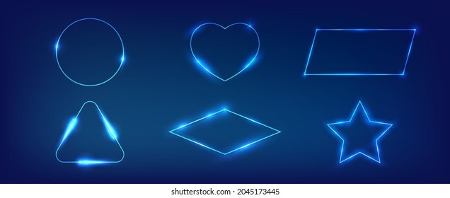 Set of six neon frames in different geometric forms with shining effects on dark background. Empty glowing techno backdrop. Vector illustration.