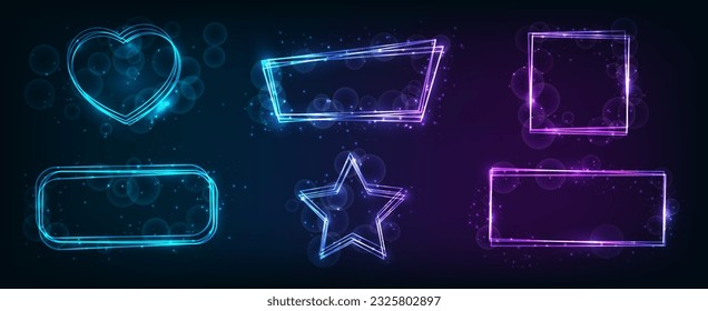 Set of six neon frames in different geometric forms with shining effects and sparkles on dark background. Empty glowing techno backdrop. Vector illustration