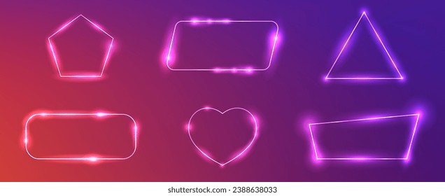 Set of six neon frames in different geometric forms with shining effects and sparkles on dark purple background. Empty glowing techno backdrop. Vector illustration