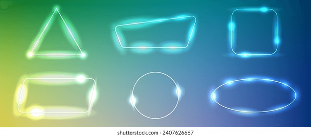Set of six neon frames in different geometric forms with shining effects and sparkles on green background. Empty glowing techno backdrop. Vector illustration