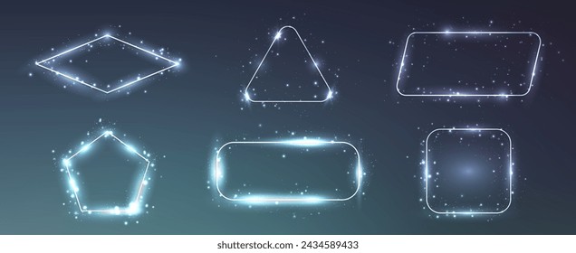Set of six neon frames in different geometric forms with shining effects and sparkles on dark background. Empty glowing techno backdrop. Vector illustration