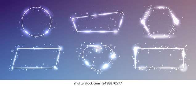 Set of six neon frames in different geometric forms with shining effects and sparkles on blue background. Empty glowing techno backdrop. Vector illustration