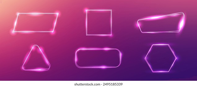 Set of six neon frames in different geometric forms with shining effects on pink background. Empty glowing techno backdrop. Vector illustration