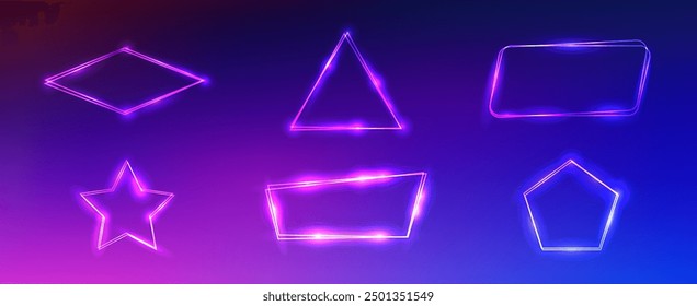 Set of six neon frames in different geometric forms with shining effects on dark purple background. Empty glowing techno backdrop. Vector illustration