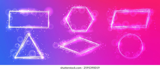 Set of six neon frames in different geometric forms with shining effects and sparkles on purple background. Empty glowing techno backdrop. Vector illustration