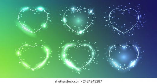 Set of six neon frames in heart form with shining effects and sparkles on dark green background. Empty glowing techno backdrop. Vector illustration