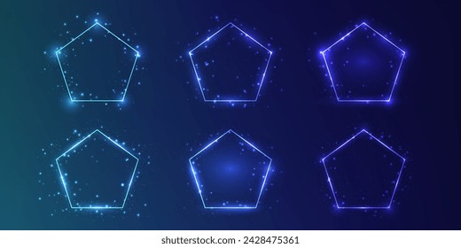Conjunto de seis marcos de neón en forma de pentágono con efectos brillantes y destellos sobre fondo azul oscuro. Fondo tecno resplandeciente vacío. Ilustración de vector