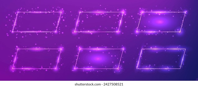 Set of six neon frames with shining effects and sparkles on purple background. Empty glowing techno backdrop. Vector illustration