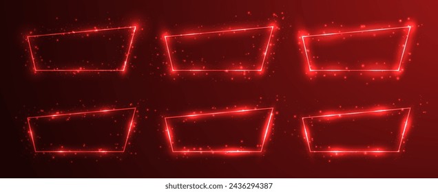 Conjunto de seis marcos de neón con efectos brillantes y destellos sobre fondo rojo oscuro. Fondo tecno resplandeciente vacío. Ilustración de vector