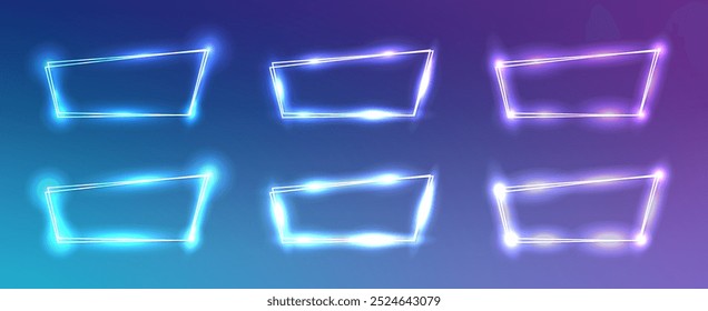 Set of six neon frames with shining effects on blue background. Empty glowing techno backdrop. Vector illustration