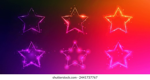 Conjunto de seis marcos de neón en forma de estrella con efectos brillantes y destellos sobre fondo púrpura oscuro. Fondo tecno resplandeciente vacío. Ilustración de vector