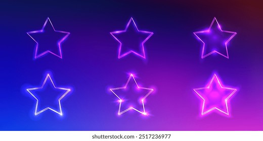 Set of six neon frames in star form with shining effects on dark blue background. Empty glowing techno backdrop. Vector illustration