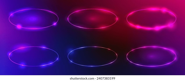 Set of six neon oval frames with shining effects and sparkles on dark purple background. Empty glowing techno backdrop. Vector illustration