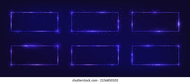 Set of six neon rectangular frames with shining effects and sparkles on dark background. Empty glowing techno backdrop. Vector illustration