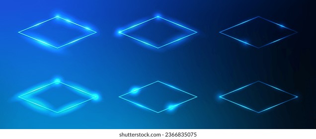 Set von sechs Neonrahmen mit leuchtenden Effekten und Funkeln auf dunkelblauem Hintergrund. Leere leuchtende Techno-Hintergrund. Vektorgrafik