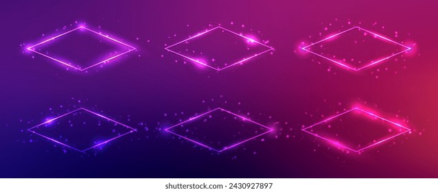 Set aus sechs Neon-Rhombus-Rahmen mit leuchtenden Effekten und Funkeln auf dunkelviolettem Hintergrund. Leere glühende Techno-Kulisse. Vektorgrafik