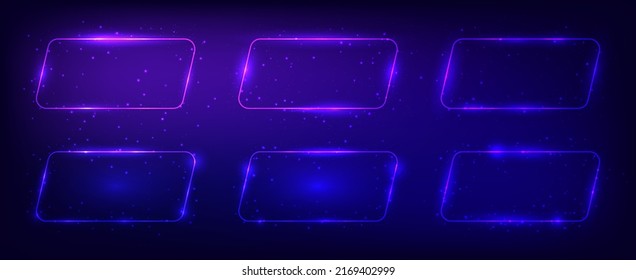 Conjunto de seis marcos paralelogramo redondeados de neón con efectos brillantes y destellos sobre el fondo oscuro. Fondo tecno brillante vacío. Ilustración del vector