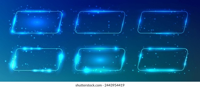 Conjunto de seis marcos de paralelogramo redondeados de neón con efectos brillantes y destellos sobre fondo azul oscuro. Fondo tecno resplandeciente vacío. Ilustración de vector