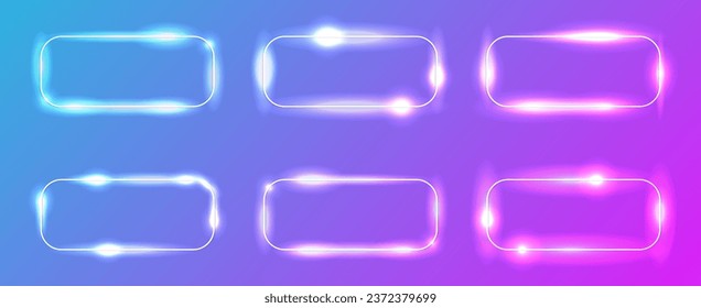 Set of six neon rounded rectangular frames with shining effects and sparkles on purple background. Empty glowing techno backdrop. Vector illustration