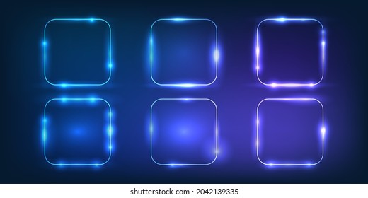 Set of six neon rounded square frames with shining effects on dark background. Empty glowing techno backdrop. Vector illustration