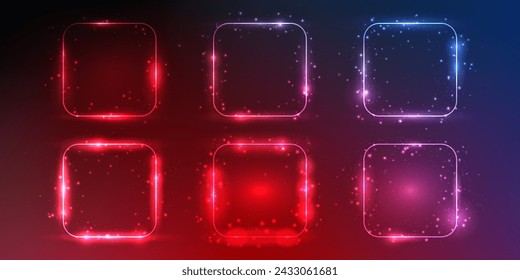 Set of six neon rounded square frames with shining effects and sparkles on dark red background. Empty glowing techno backdrop. Vector illustration